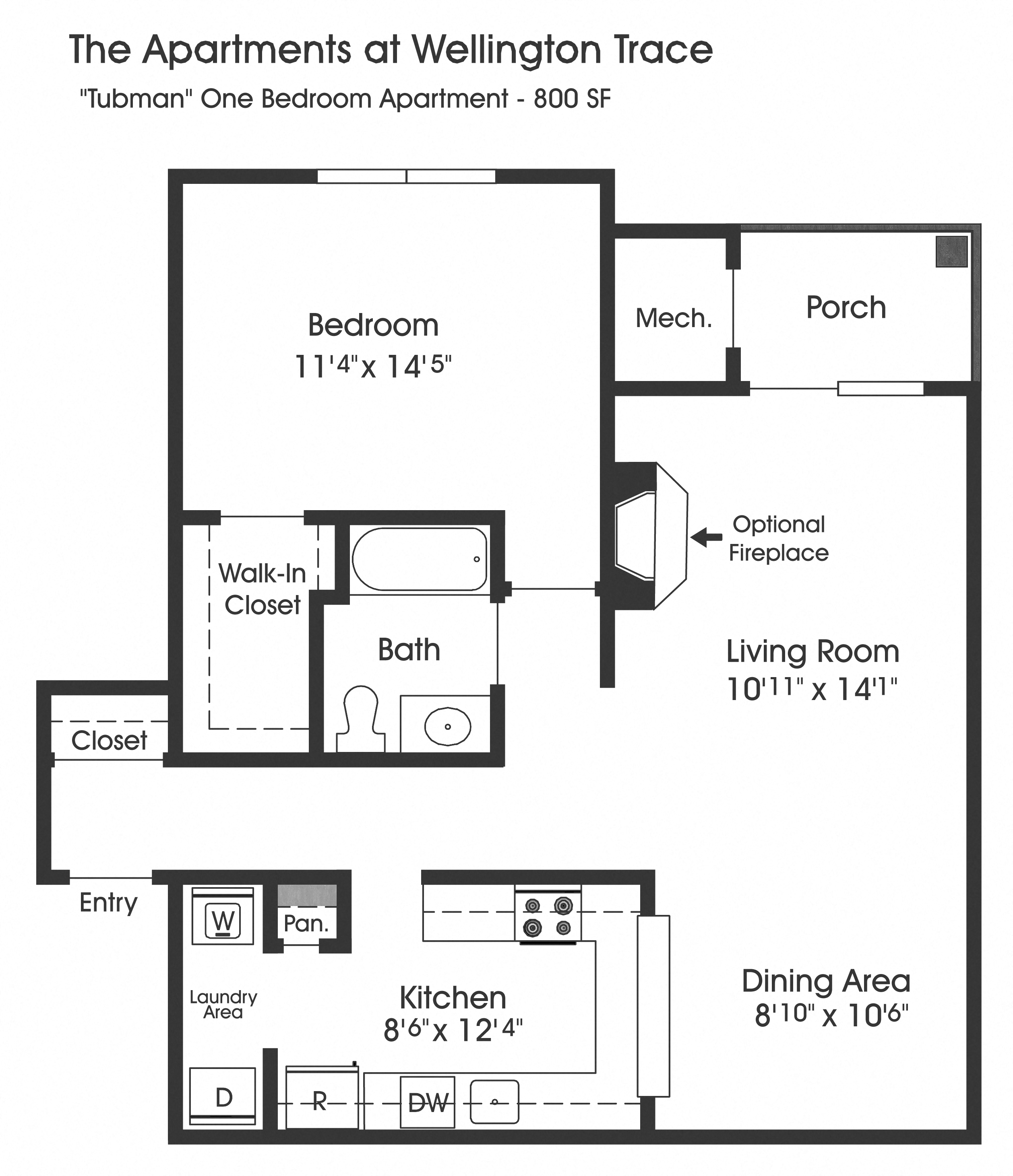 Floor plan for 1 bed, 1 bath, 800 sqft